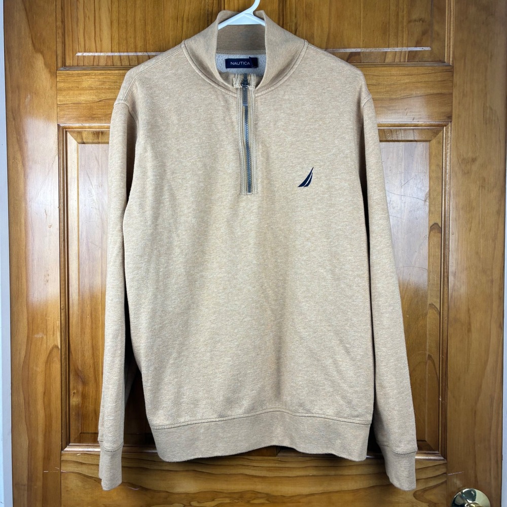 Nautica Mens L Camel Heather Quarter Zip Fleece Pullover Sweatshirt Preppy Yacht